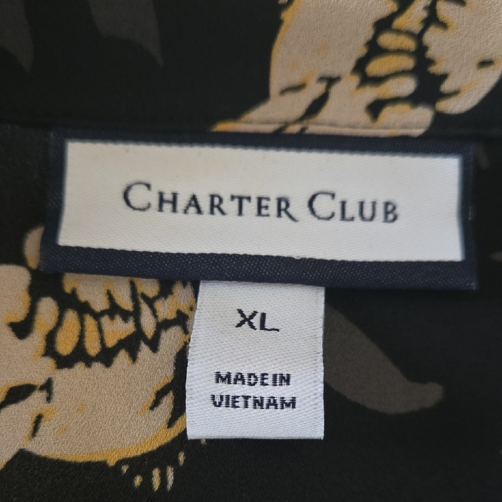 Charter Club Bird Print Blouse XL Bell Sleeve Pom Pom Trim Black Button Top Boho - Picture 6 of 7